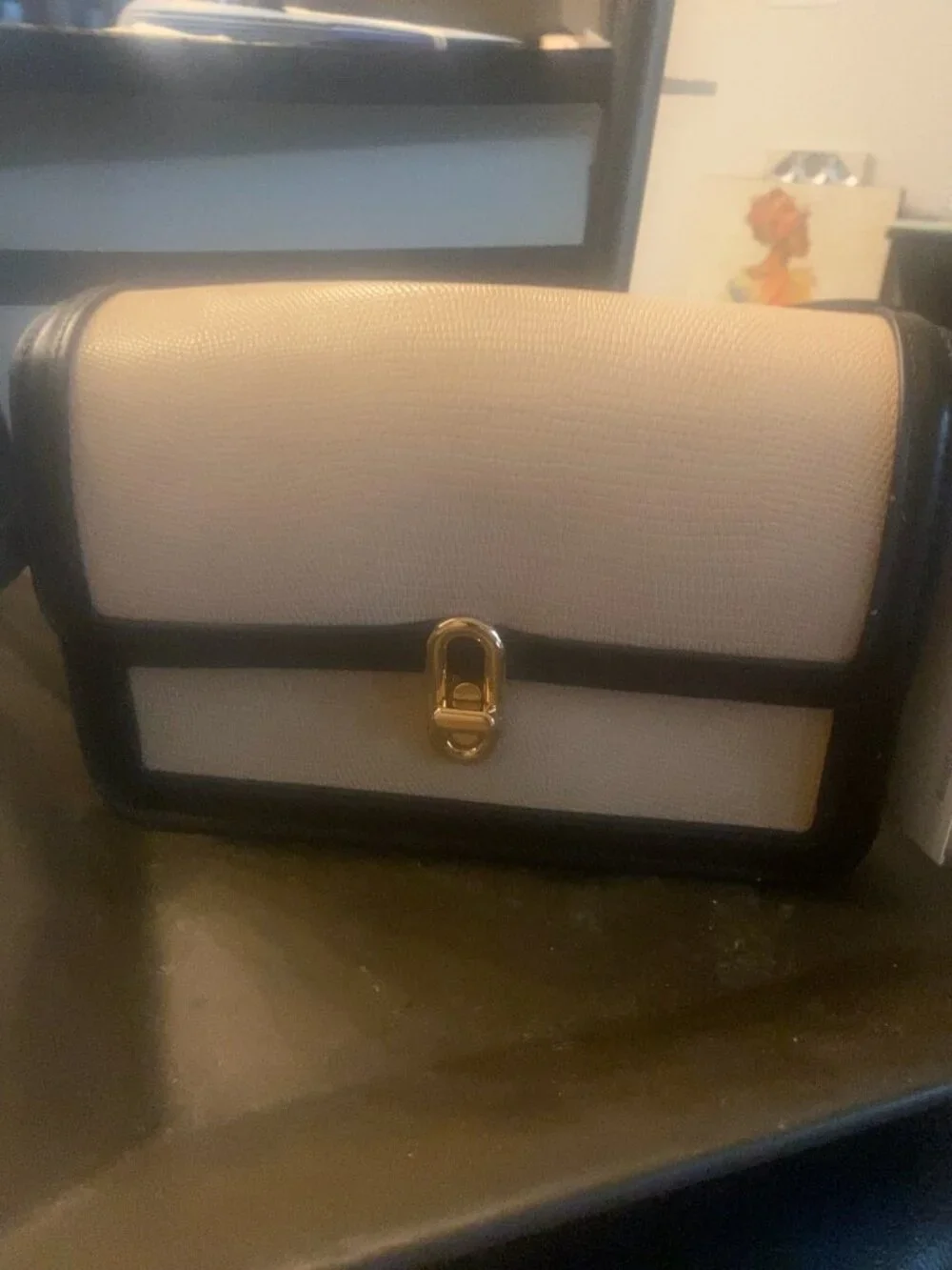 Jules Kae Black & Beige Textured Crossbody Bag with Gold Hardware